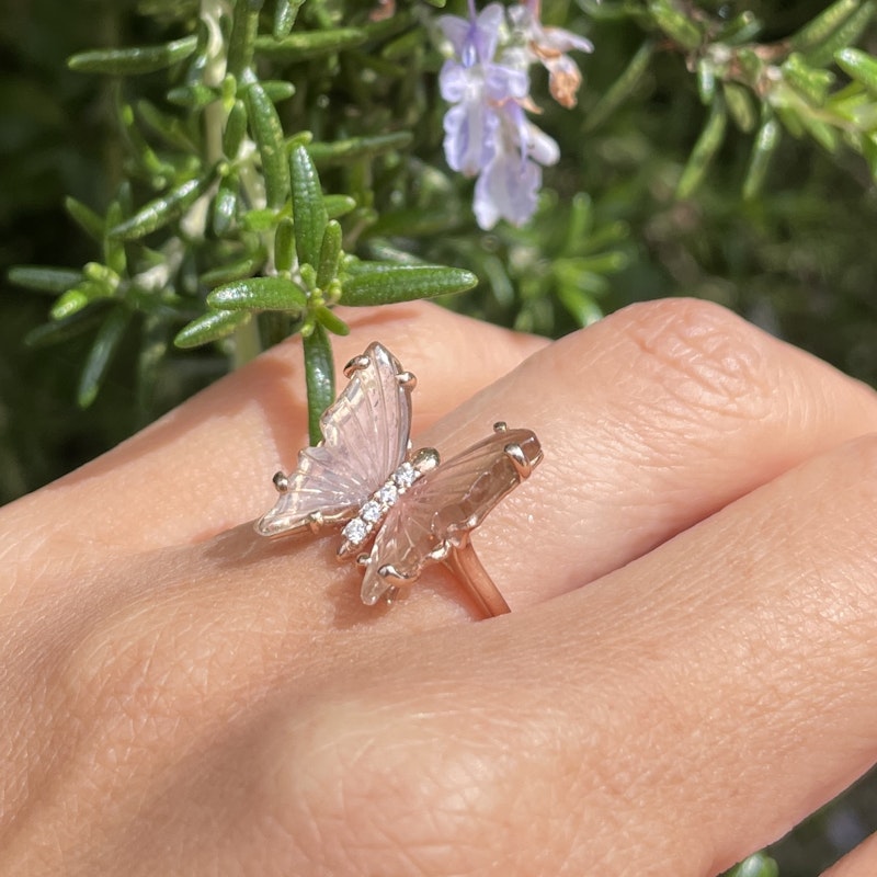 14k Rose Gold Blush Pink Tourmaline & Diamond Butterfly Ring