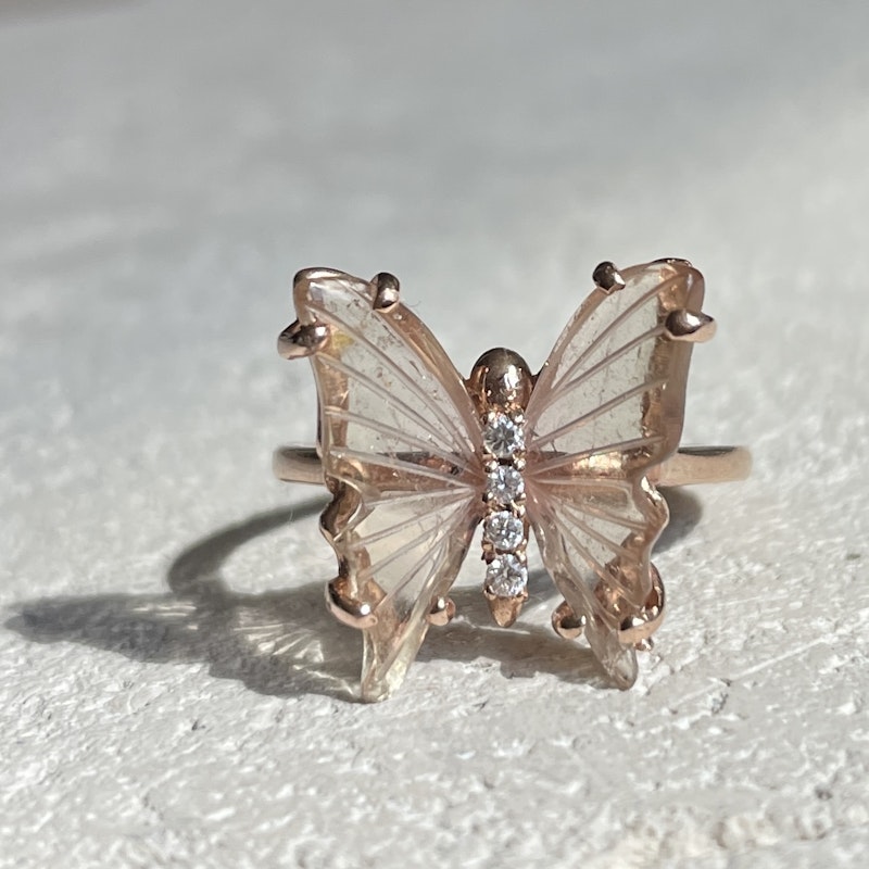 14k Rose Gold Blush Pink Tourmaline & Diamond Butterfly Ring
