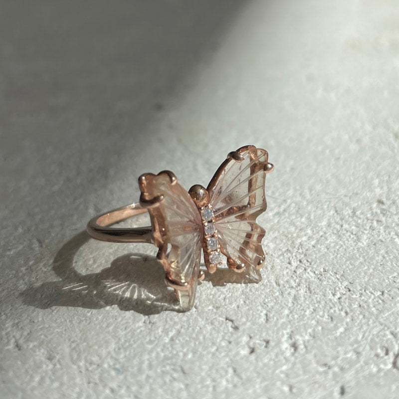 14k Rose Gold Blush Pink Tourmaline & Diamond Butterfly Ring