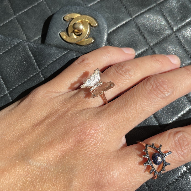 14k Rose Gold Blush Pink Tourmaline & Diamond Butterfly Ring