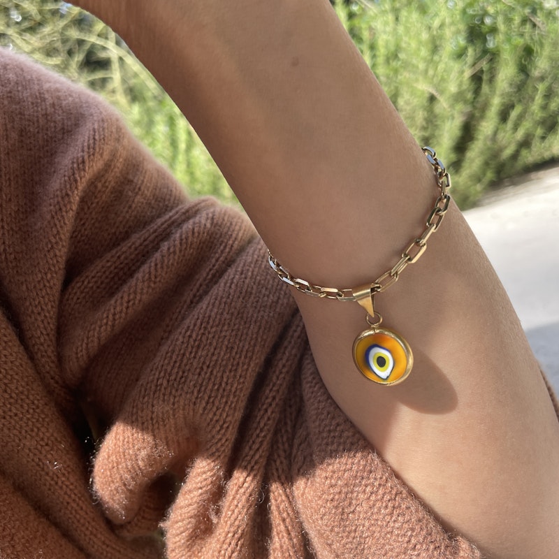 14k Yellow Gold Protection Evil Eye Charm Bracelet