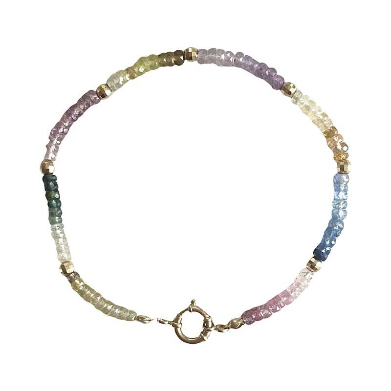 14k Yellow Gold Ombré Pastel Rainbow Sapphire Beaded Anklet
