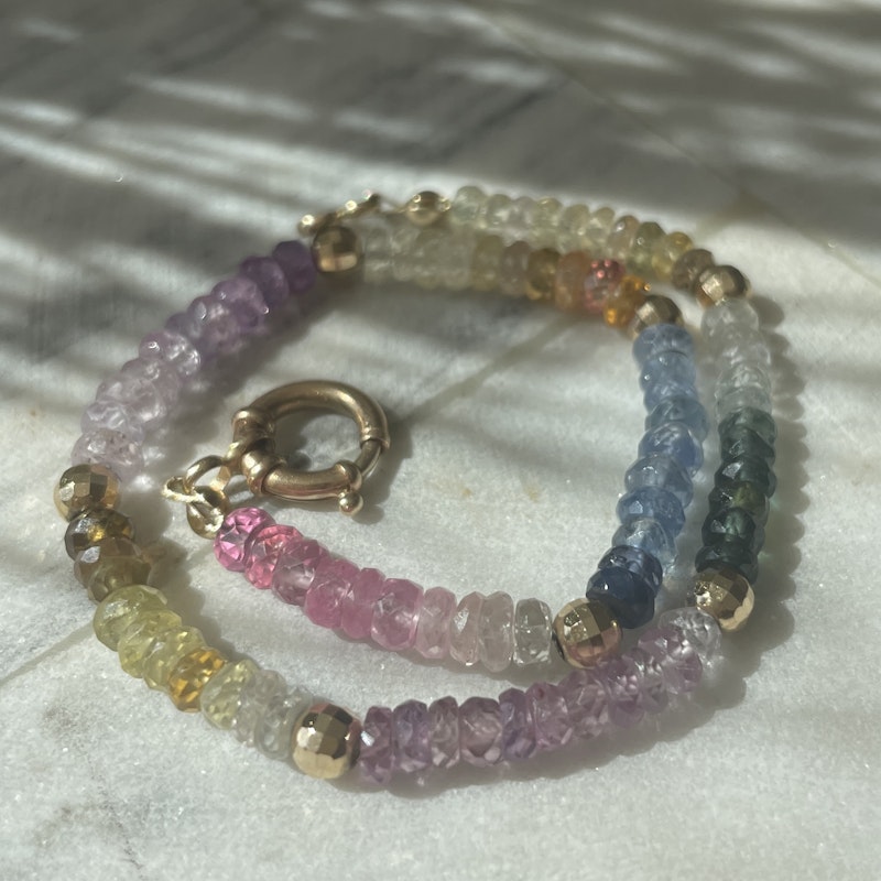 14k Yellow Gold Ombré Pastel Rainbow Sapphire Beaded Anklet
