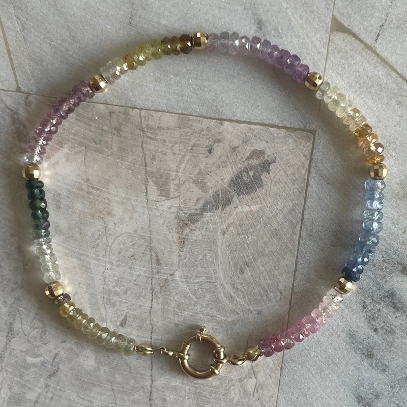 14k Yellow Gold Ombré Pastel Rainbow Sapphire Beaded Anklet