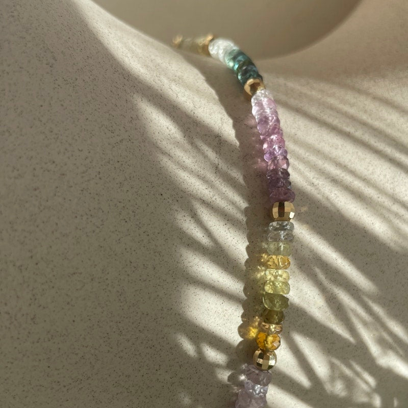 14k Yellow Gold Ombré Pastel Rainbow Sapphire Beaded Anklet