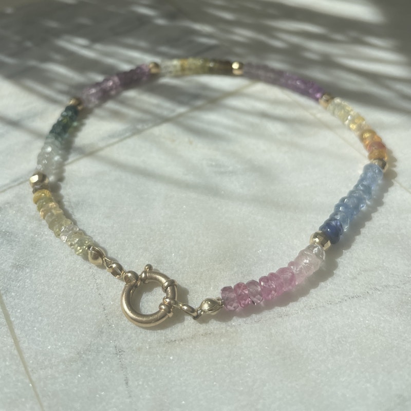 14k Yellow Gold Ombré Pastel Rainbow Sapphire Beaded Anklet