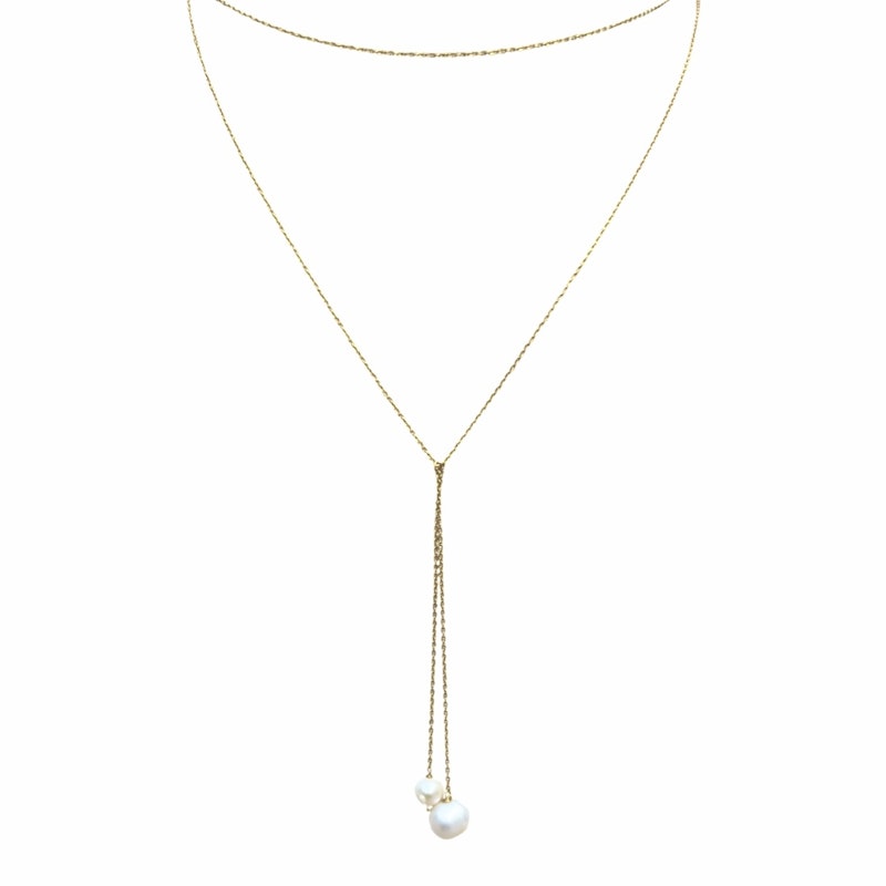 18k Yellow Gold Pearl Pendant Long Layer Wrap Necklace