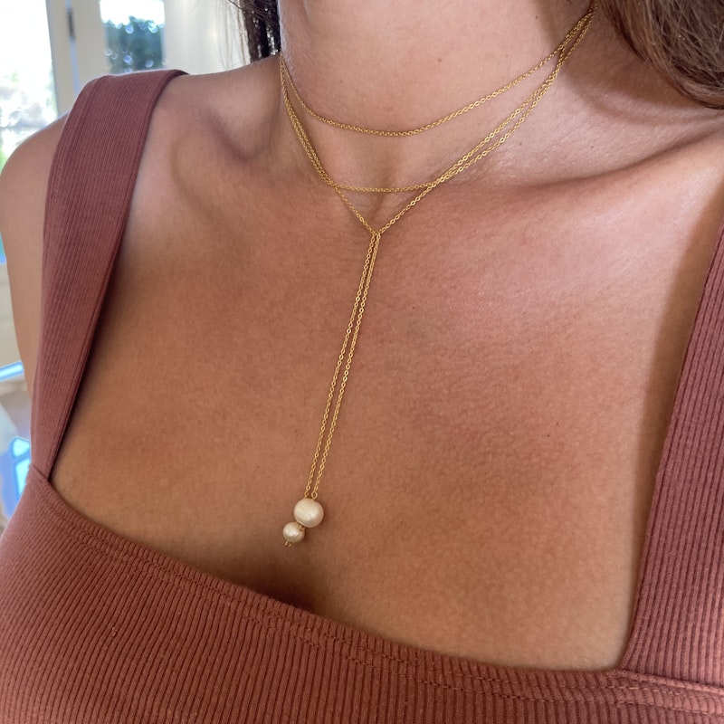18k Yellow Gold Pearl Pendant Long Layer Wrap Necklace