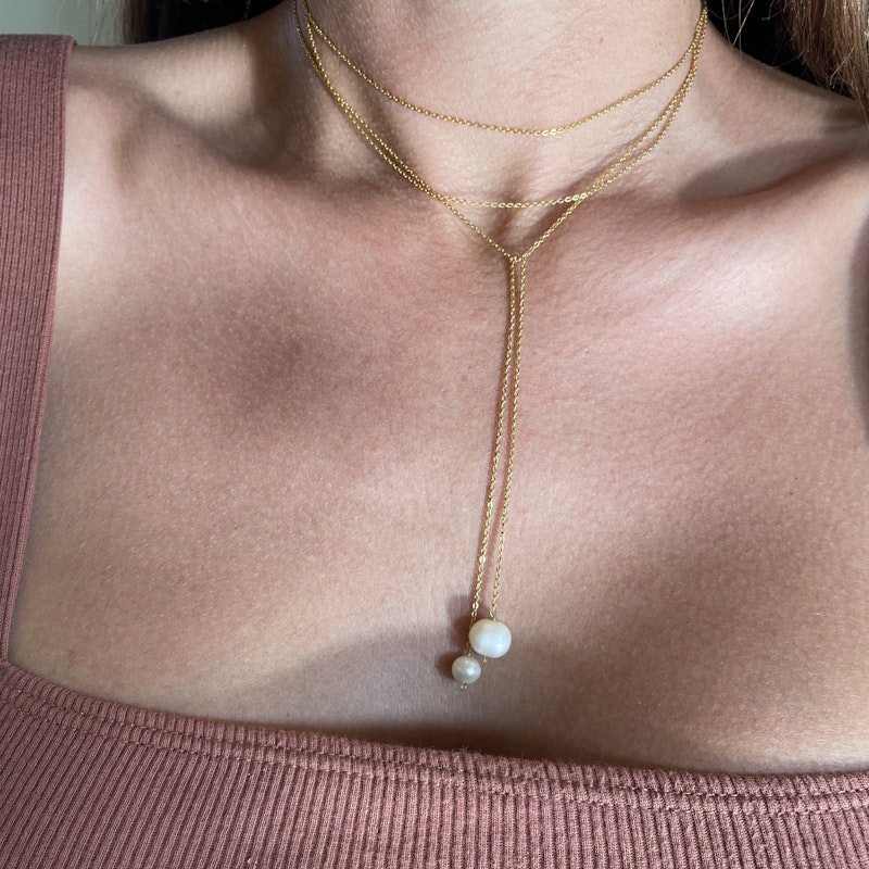18k Yellow Gold Pearl Pendant Long Layer Wrap Necklace