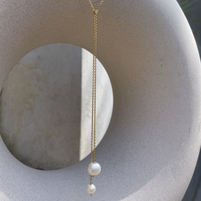 18k Yellow Gold Pearl Pendant Long Layer Wrap Necklace