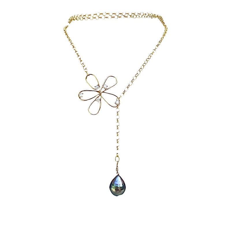 18k Yellow Gold Tahitian Pearl Flower Lariat Necklace