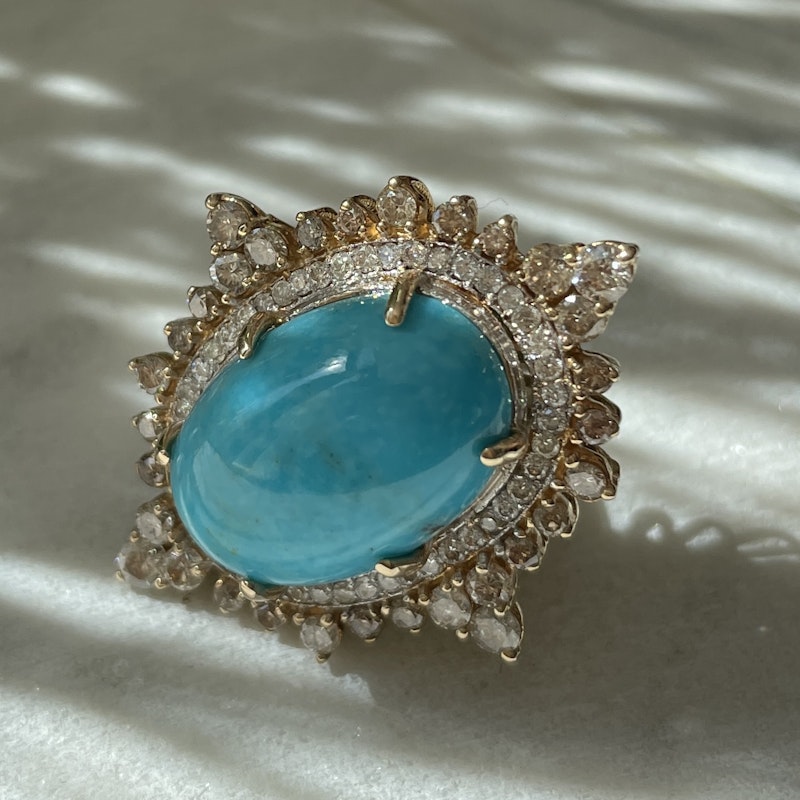 18k Yellow Gold and Turquoise Diamond  Marquise Ring