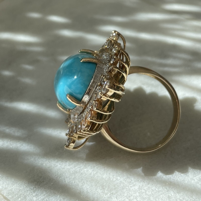 18k Yellow Gold and Turquoise Diamond  Marquise Ring