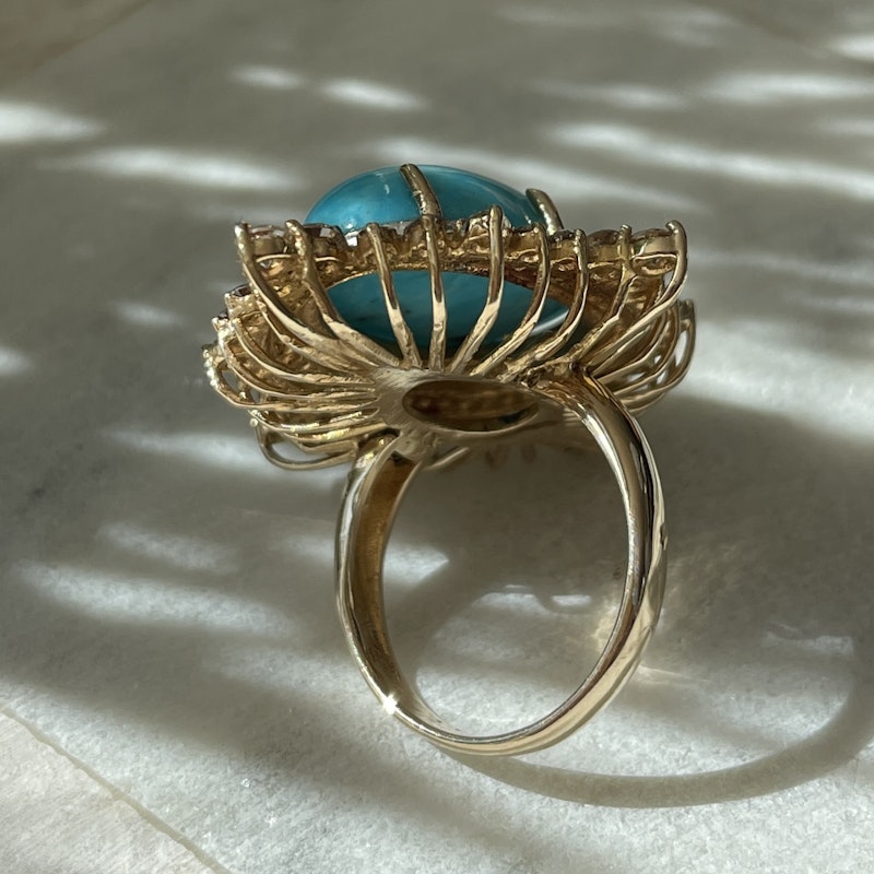 18k Yellow Gold and Turquoise Diamond  Marquise Ring