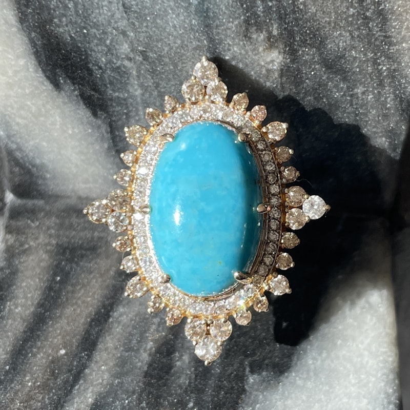 18k Yellow Gold and Turquoise Diamond  Marquise Ring