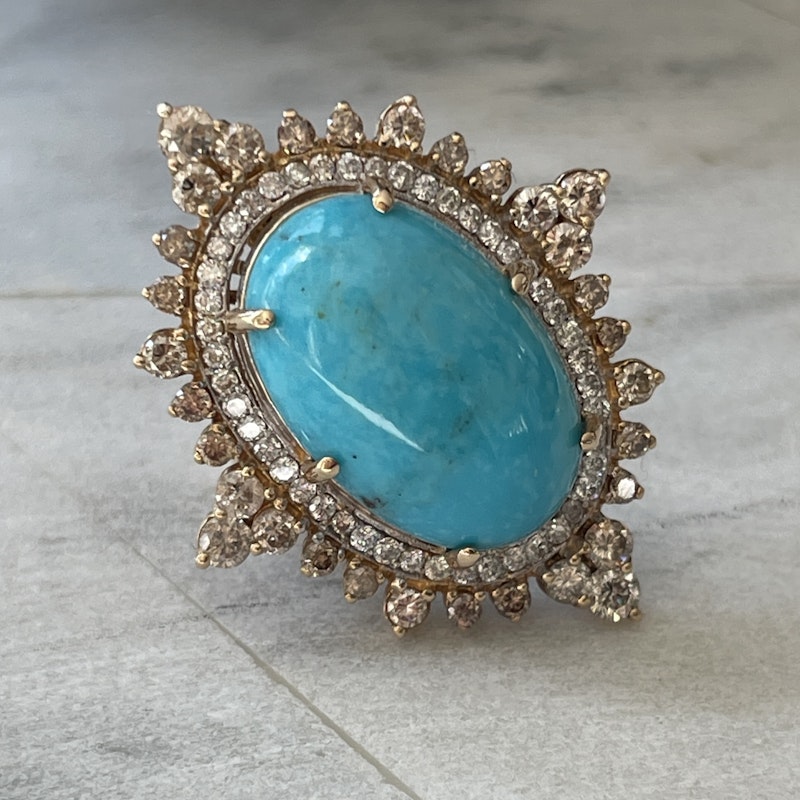 18k Yellow Gold and Turquoise Diamond  Marquise Ring