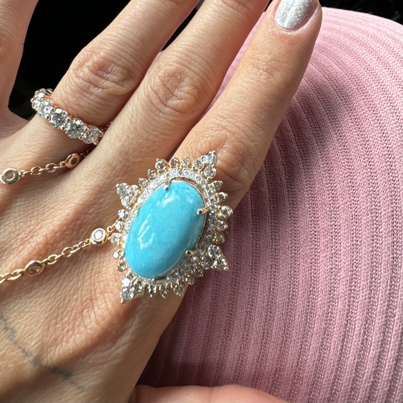 18k Yellow Gold and Turquoise Diamond  Marquise Ring