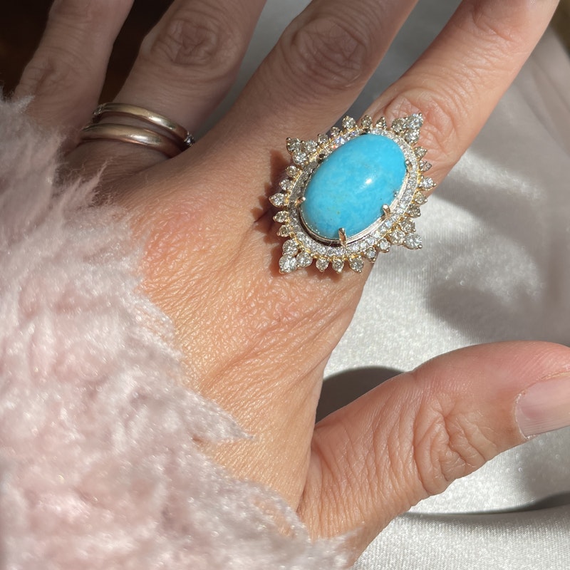18k Yellow Gold and Turquoise Diamond  Marquise Ring
