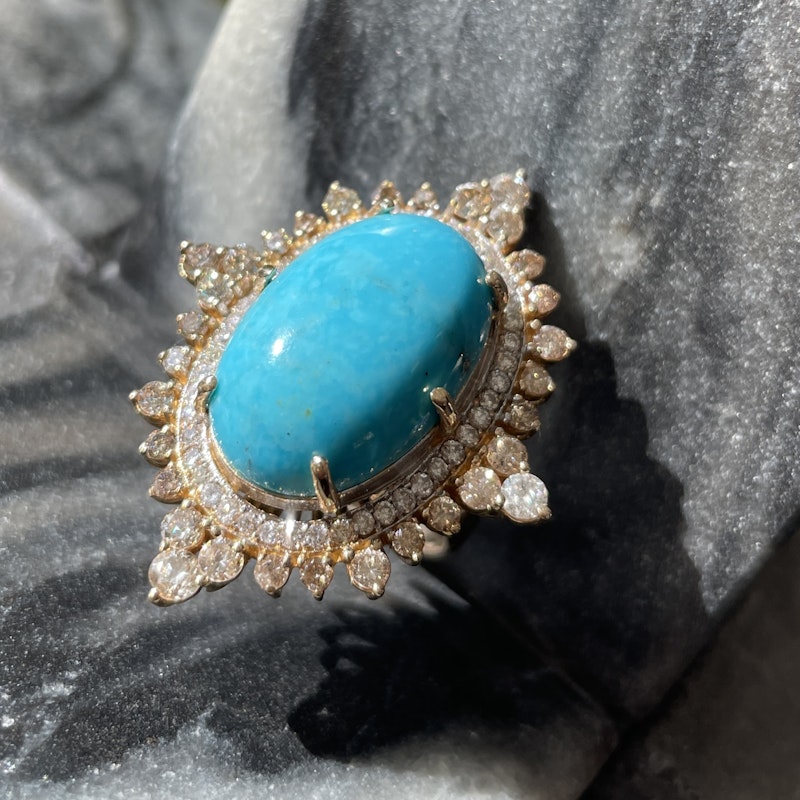 18k Yellow Gold and Turquoise Diamond  Marquise Ring