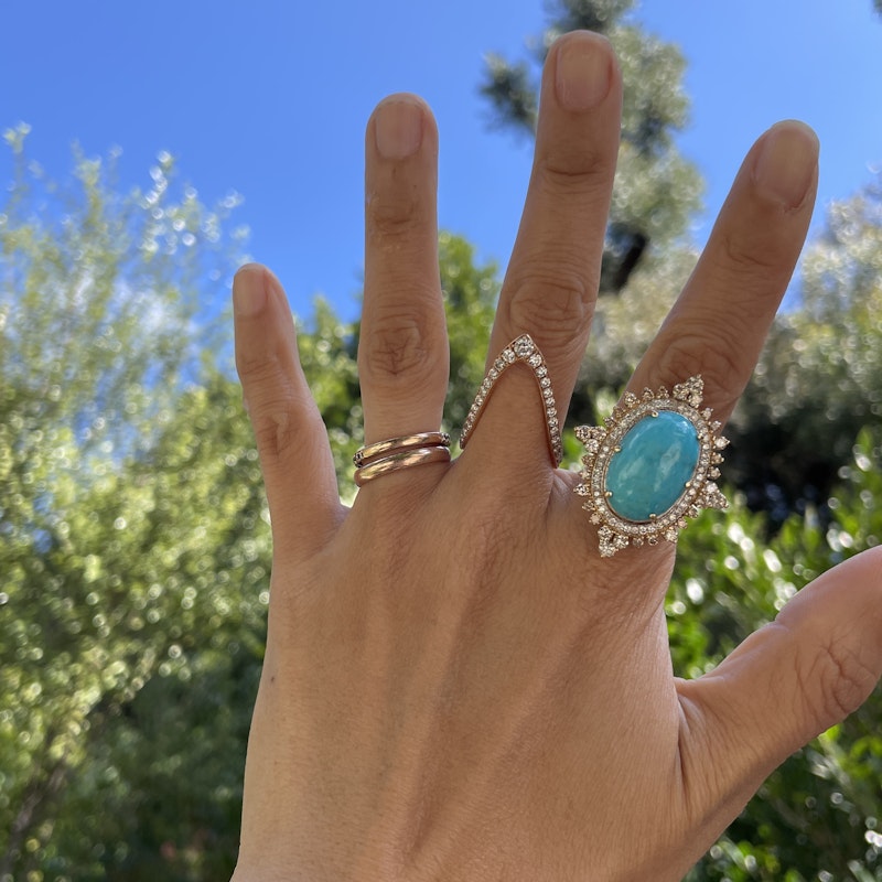 18k Yellow Gold and Turquoise Diamond  Marquise Ring