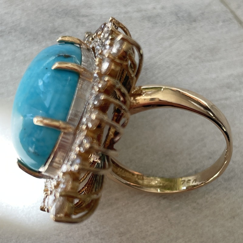 18k Yellow Gold and Turquoise Diamond  Marquise Ring