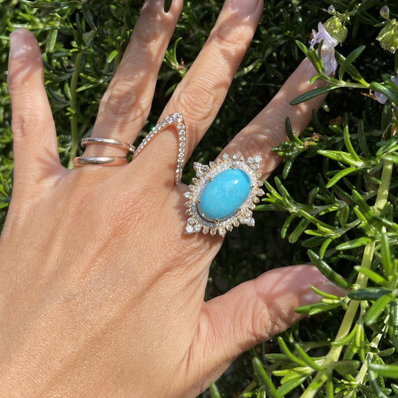 18k Yellow Gold and Turquoise Diamond  Marquise Ring