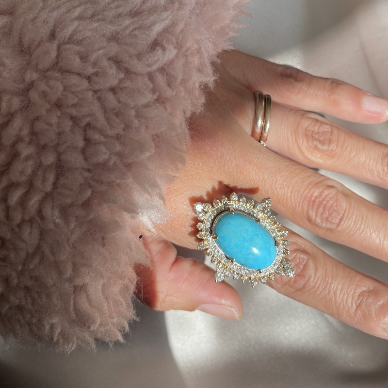 18k Yellow Gold and Turquoise Diamond  Marquise Ring