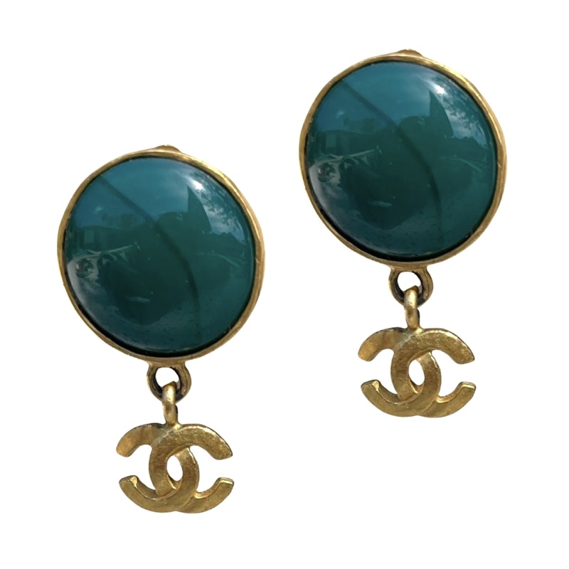 Chanel CC Jade Green Round Drop Earrings