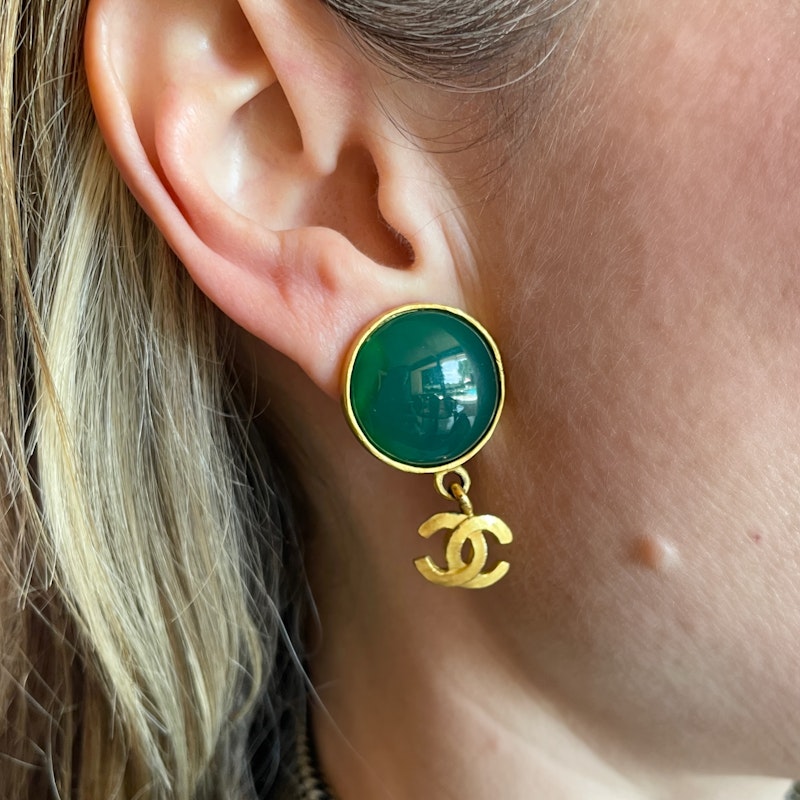 Chanel CC Jade Green Round Drop Earrings