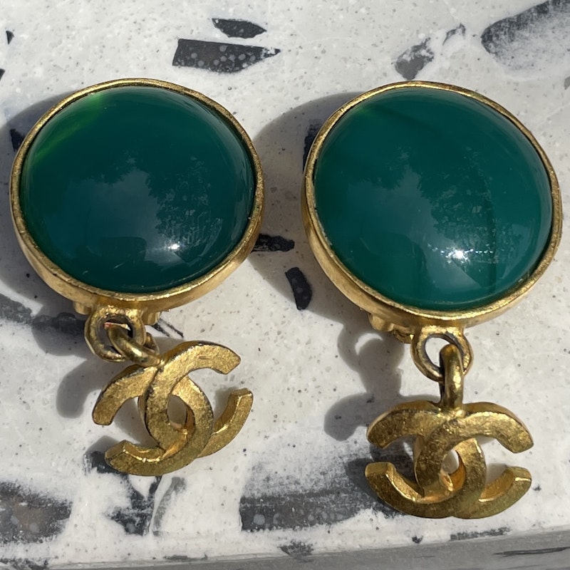 Chanel CC Jade Green Round Drop Earrings