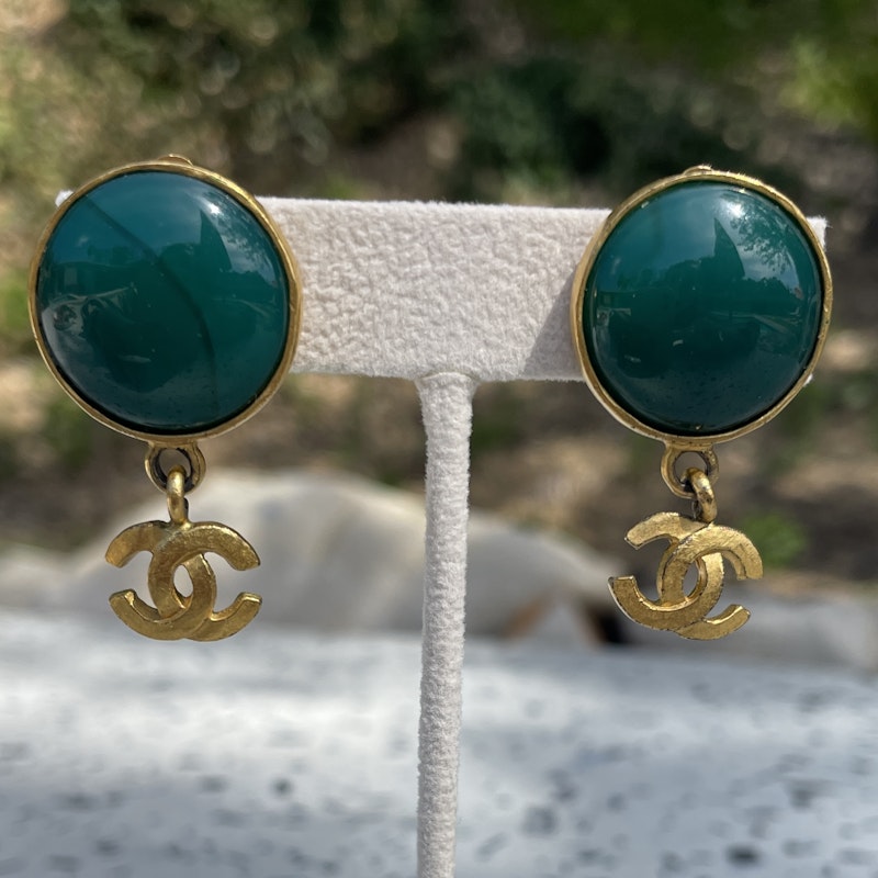 Chanel CC Jade Green Round Drop Earrings