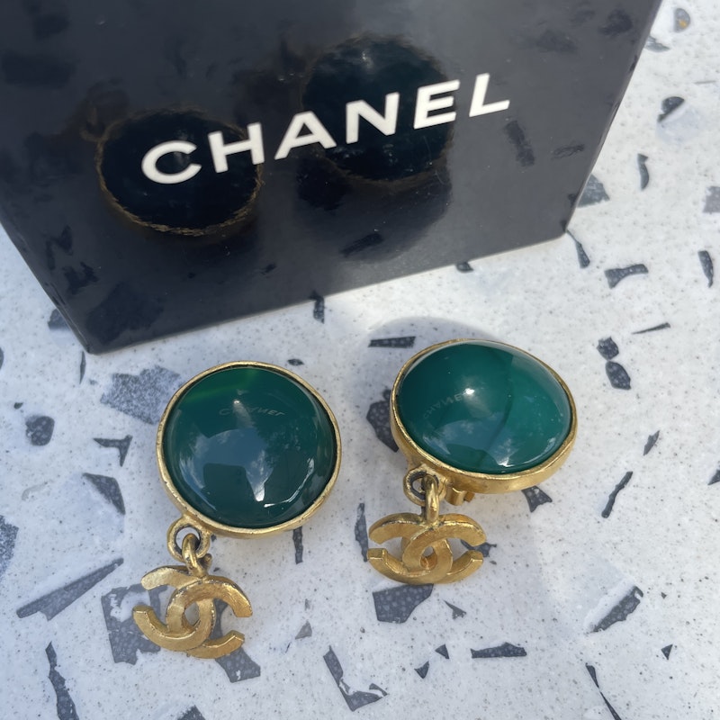 Chanel CC Jade Green Round Drop Earrings