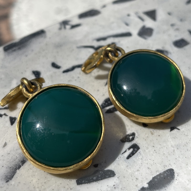 Chanel CC Jade Green Round Drop Earrings