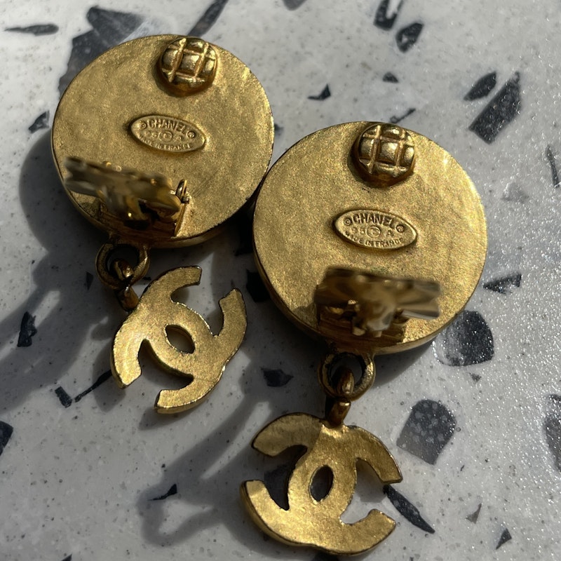 Chanel CC Jade Green Round Drop Earrings