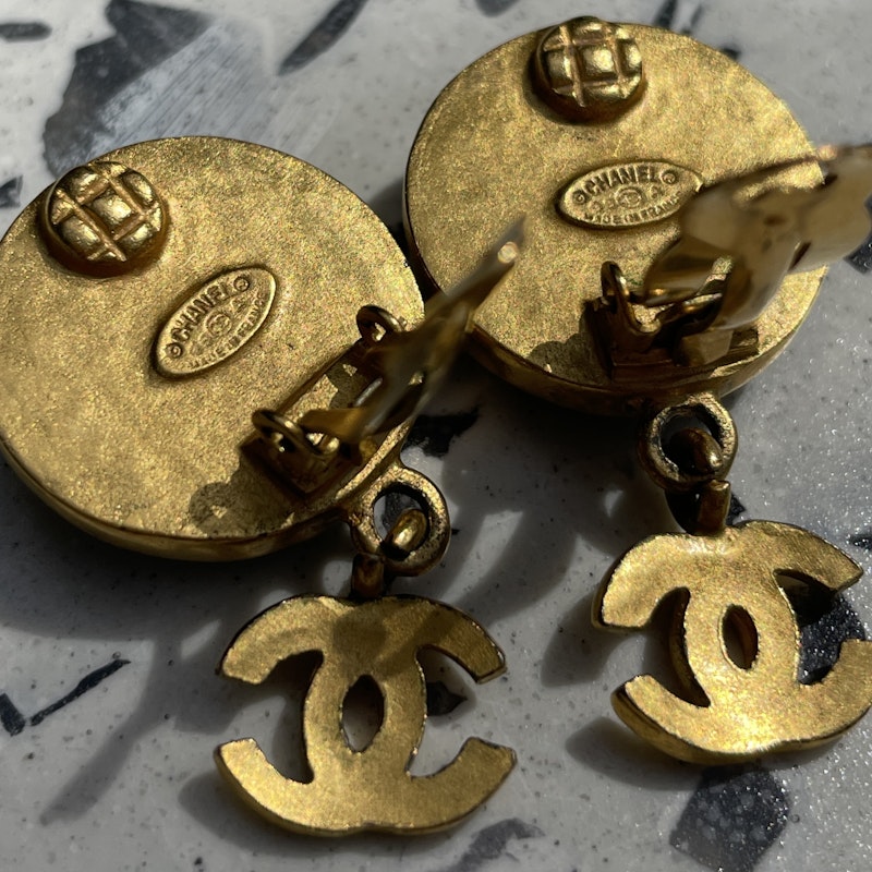 Chanel CC Jade Green Round Drop Earrings