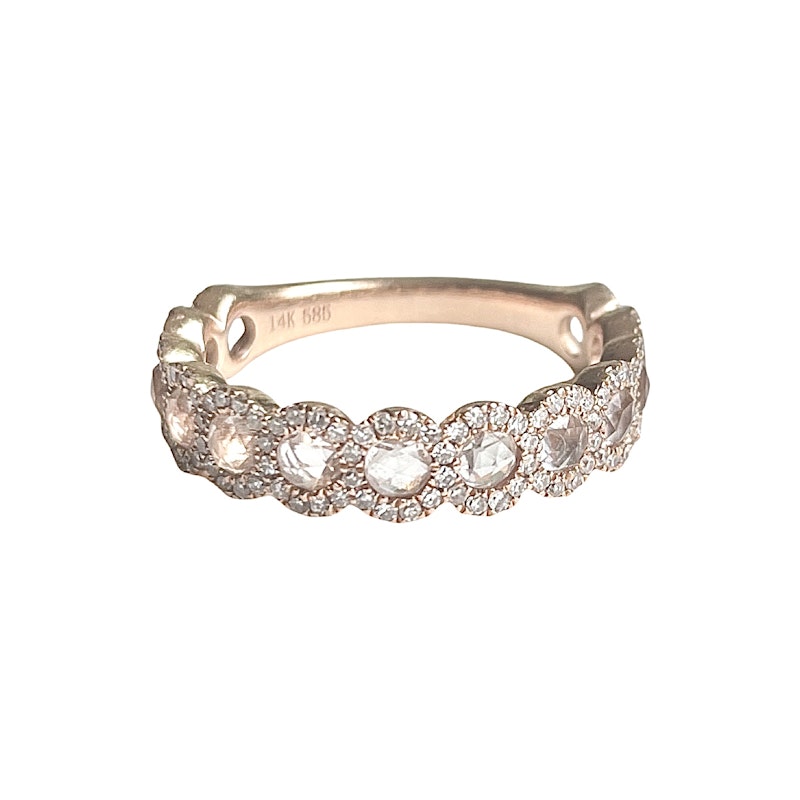 14k Rose Gold Diamond Halo with Rose Cut White Topaz Band