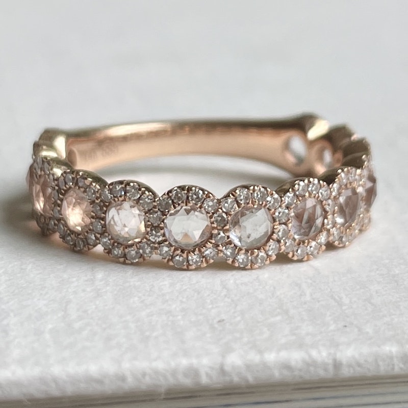14k Rose Gold Diamond Halo with Rose Cut White Topaz Band