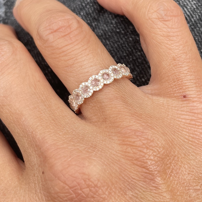 14k Rose Gold Diamond Halo with Rose Cut White Topaz Band