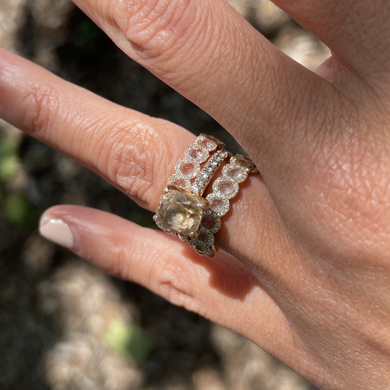 14k Rose Gold Diamond Halo with Rose Cut White Topaz Band