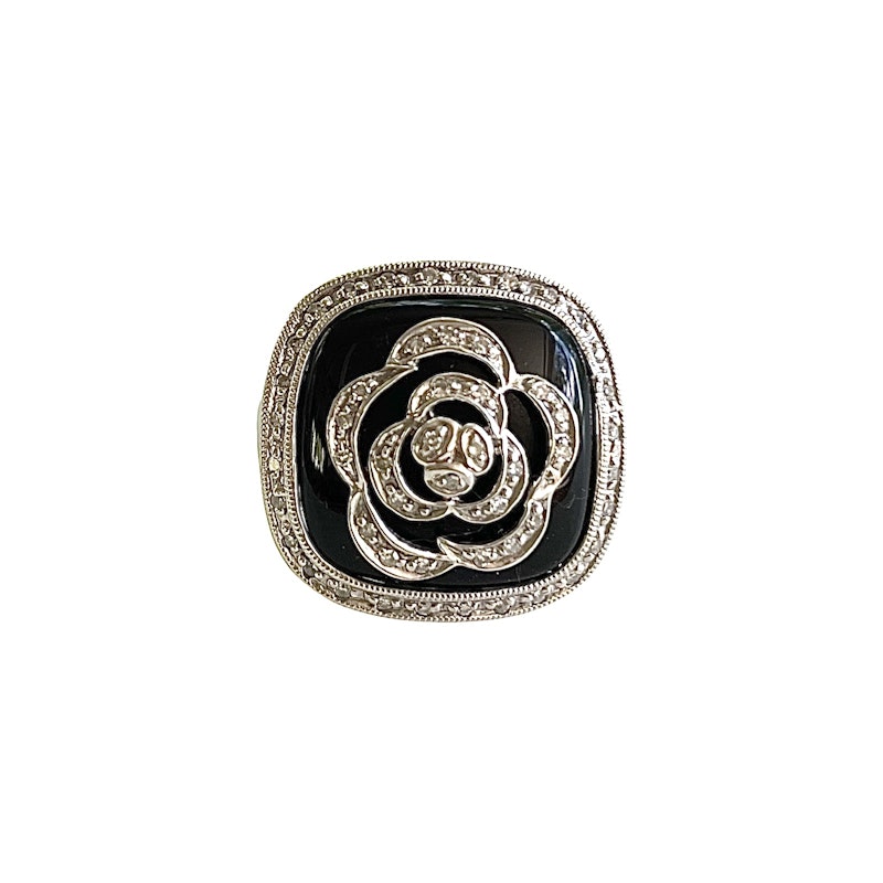 14k White Gold Onyx and Diamond Flower Ring