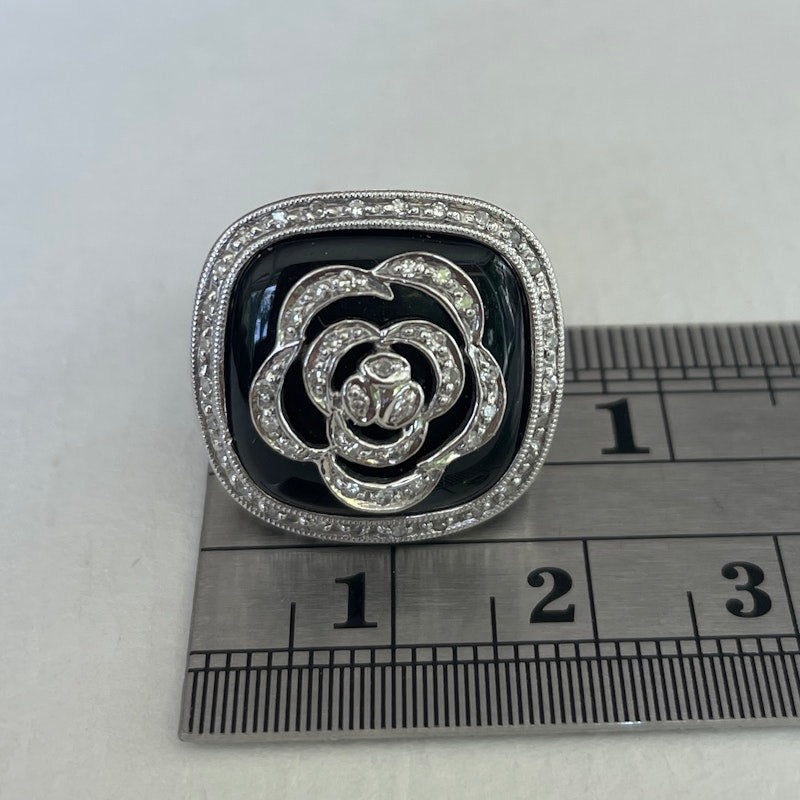 14k White Gold Onyx and Diamond Flower Ring
