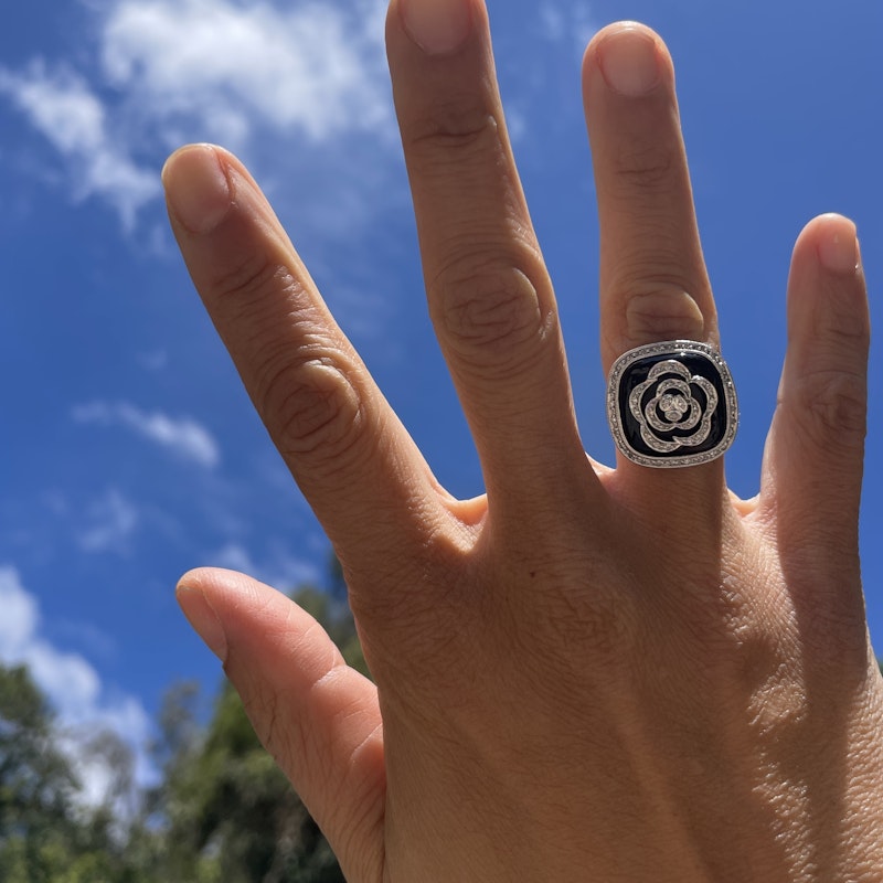 14k White Gold Onyx and Diamond Flower Ring