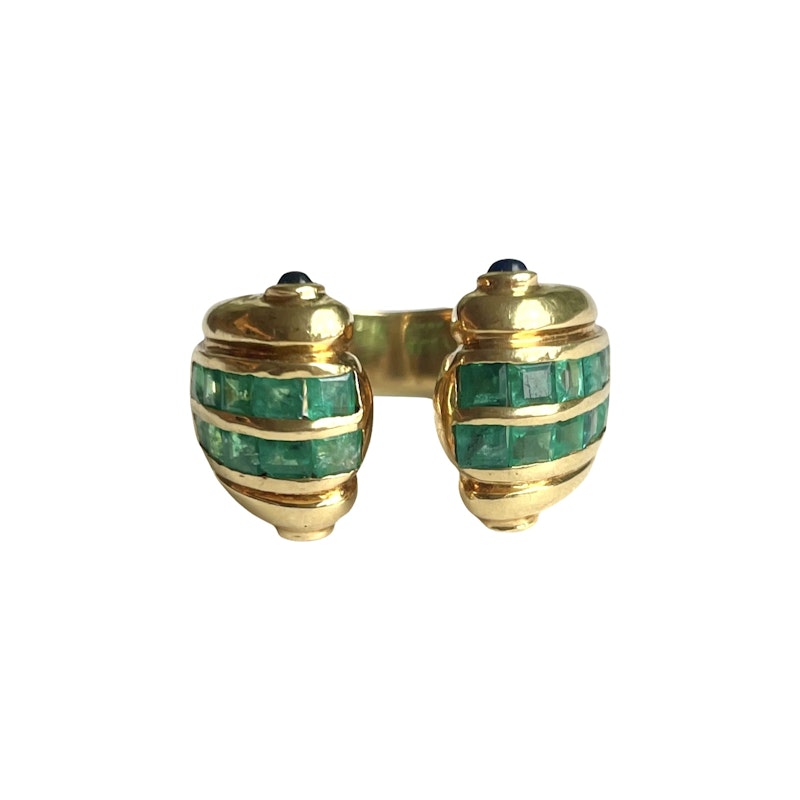 Vintage 18k Yellow Gold Emerald and Blue Sapphire Cuff Ring