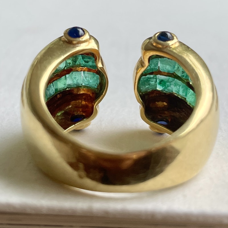 Vintage 18k Yellow Gold Emerald and Blue Sapphire Cuff Ring