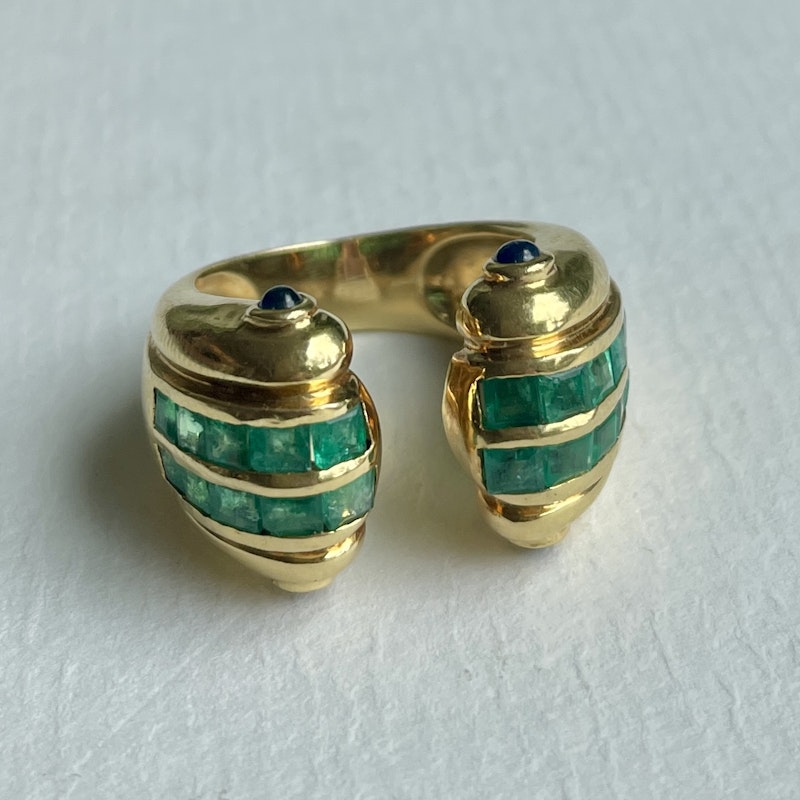 Vintage 18k Yellow Gold Emerald and Blue Sapphire Cuff Ring