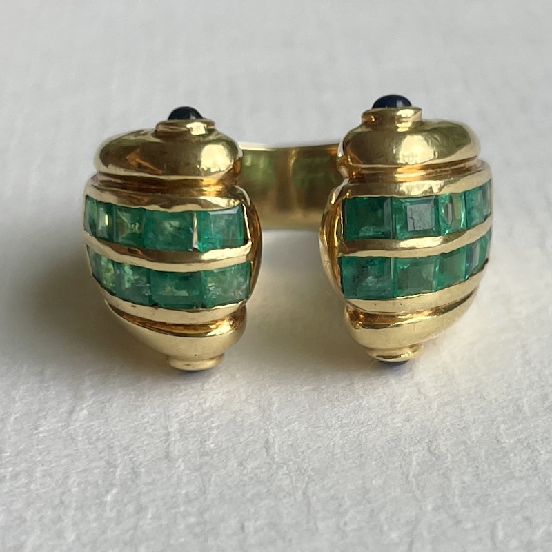 Vintage 18k Yellow Gold Emerald and Blue Sapphire Cuff Ring