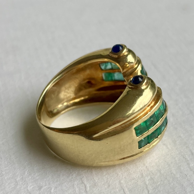 Vintage 18k Yellow Gold Emerald and Blue Sapphire Cuff Ring