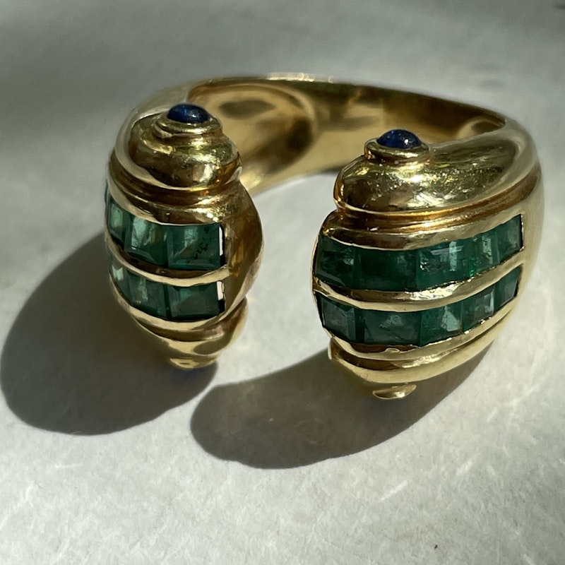 Vintage 18k Yellow Gold Emerald and Blue Sapphire Cuff Ring