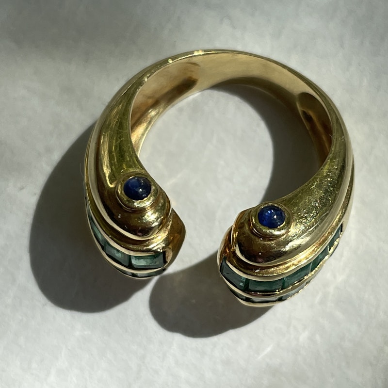 Vintage 18k Yellow Gold Emerald and Blue Sapphire Cuff Ring