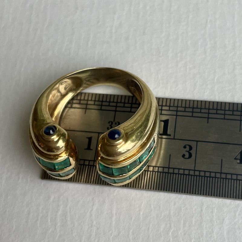 Vintage 18k Yellow Gold Emerald and Blue Sapphire Cuff Ring